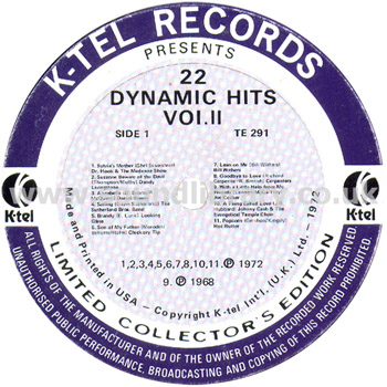 22 Dynamic Hits Vol. II USA Issue 22 Track LP K-TEL TE 291 Label Image