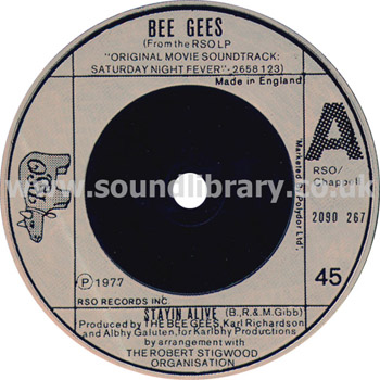 Bee Gees Stayin' Alive UK Issue 7" Label Image
