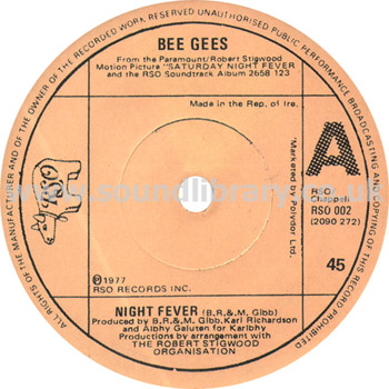 Bee Gees Night Fever Republic of Ireland Issue 7" RSO RSO 002 Label Image