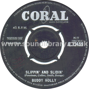 Buddy Holly Slippin' And Slidin' UK Issue Spindle Centre 7" Coral Q.72459 Label Image