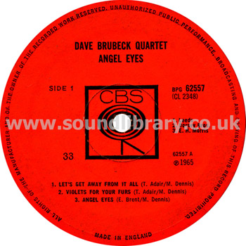 The Dave Brubeck Quartet Angel Eyes UK Issue LP CBS BPG 62557 Label Image Side 1