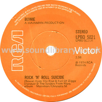 David Bowie Rock 'n' Roll Suicide UK Issue Stereo 7" RCA Victor LPBO5021 Label Image
