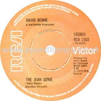 David Bowie The Jean Genie, Ziggy Stardust UK Issue Stereo 7" RCA Victor RCA 2302 Label Image