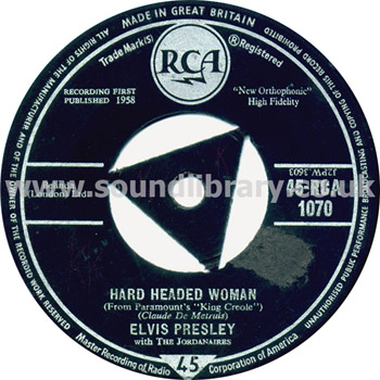 Elvis Presley Hard Headed Woman UK Issue 7" RCA 45-RCA 1070 Label Image Side 1