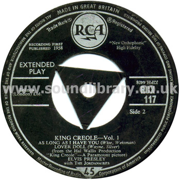 Elvis Presley King Creole Vol. 1 UK Issue 7" EP RCA RCX 117 Label Image Side 1