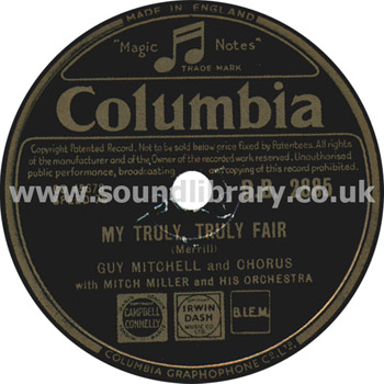 Guy Mitchell My Truly Truly Fair UK Issue 78 - 10" Columbia D.B. 2885 Label Image