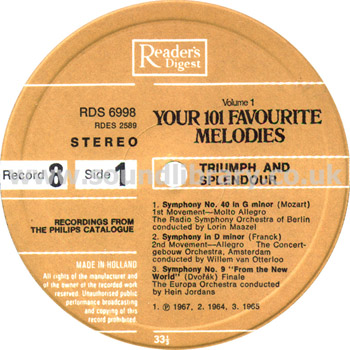 Your 101 Favourite Melodies UK Issue 8LP Box Set Readers Digest RDS 6991 - RDS 6998 Record 8 Side 1 Label