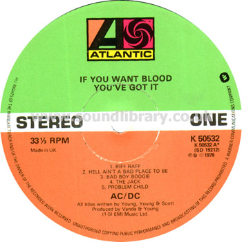 AC/DC If You Want Blood You Got It UK Issue Stereo LP Atlantic K 50532 Label Image
