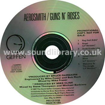 Guns 'n' Roses / Aerosmith USA Issue 5 Track Promotional CD Geffen PRO-CD-3132 Disc Image