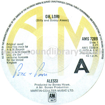 Alessi Oh, Lori UK Issue 7" A&M AMS 7289 Label Image