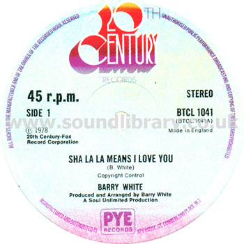 Barry White It's Only Love Doing It's Thing UK White Vinyl 12" 20th Century BTCL 1041 Label Image