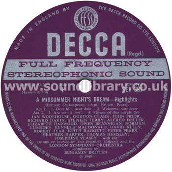 Benjamin Britten A Midsummer Night's Dream Highlights UK Stereo LP Decca SET 397 Label Image