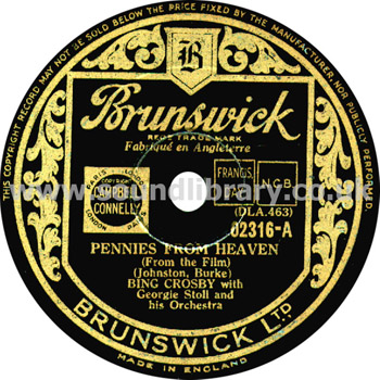 Bing Crosby Pennies From Heaven UK 10" 78rpm Brunswick 02316 Label Image