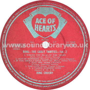 Bing Crosby Bing The Early Thirties Vol. 2 UK Issue LP Ace of Hearts AH 88 Label Image