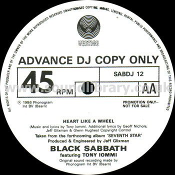 Black Sabbath Heart Like A Wheel UK Issue Advance DJ Copy Only 12" Vertigo SABDJ 12 Label Image