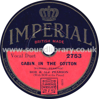 Bob & Alf Pearson Pagan Moon, Cabin In The Cotton UK Issue 10" 78rpm Imperial 2753 Label Image