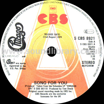 Chicago Song For You UK Issue Promotional 7" CBS S CBS 8921 Label Image