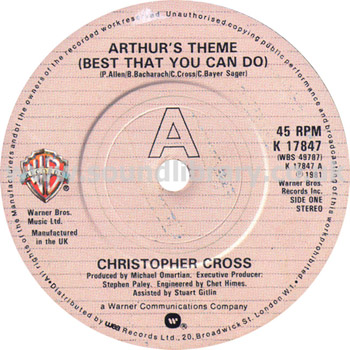 Christopher Cross Arthur's Theme (Best That You Can Do) UK Stereo 7" K 17847 Label Image Side 1