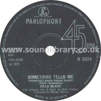 Cilla Black Something Tells Me UK Issue 7" Parlophone R 5924 Label Image