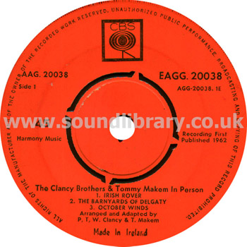 The Clancy Brothers & Tommy Makem In Person Ireland Issue 7" EP CBS EAGG. 20038 Label Image