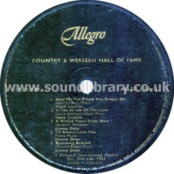 Country & Western Hall of Fame Hank Locklin Jimmy Dean Patsy Cline UK LP ALL 772 Label Image Side 1