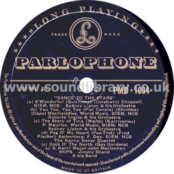 Sydney Lipton & His Orchestra Dance To The Stars UK Issue 10" Parlophone PMD 1034 Label Image