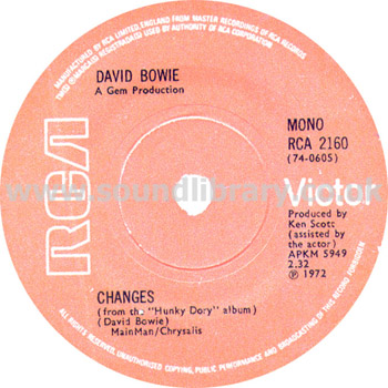 David Bowie Changes, Andy Warhol UK Issue Mono 7" RCA Victor RCA 2160 Label Image