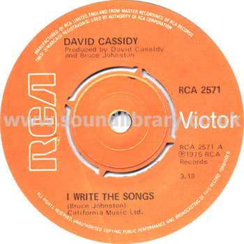 David Cassidy I Write The Songs UK Issue 7" RCA Victor RCA 2571 Label Image Side 1