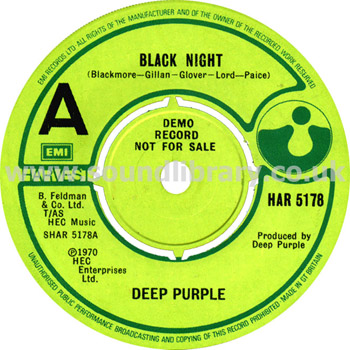 Deep Purple Black Night UK Issue Demonstration Disc 7" Harvest HAR 5178 Label Image Side 1