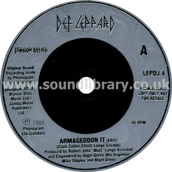 Def Leppard Armageddon It UK Issue Promotional 7" Phonogram LEPDJ 4 Label Image