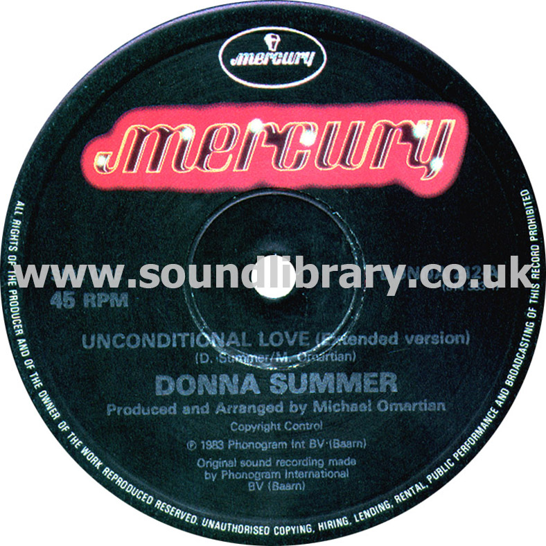Donna Summer Unconditional Love UK Issue 12" Mercury DONNA 212 Label Image