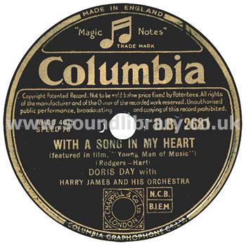 Doris Day Too Marvellous For Words UK Issue 10" 78 rpm Columbia D.B. 2681 Label Image Side 1