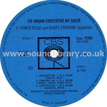 Daniel Pinkham Six Organ Concertos By Soler UK Issue Stereo LP CBS SBRG 72383 Label Image