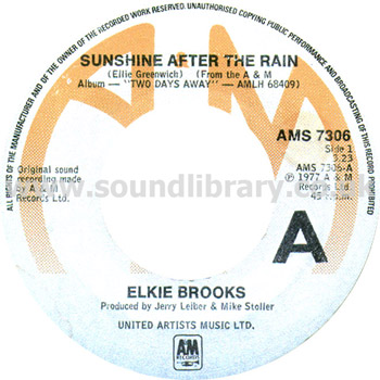 Elkie Brooks Sunshine After The Rain UK Issue 7" A&M AMS 7306 Label Image