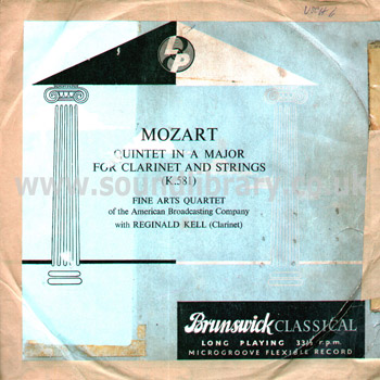 Reginald Kell The Fine Arts Quartet Mozart Quintet In A Major LP Brunswick AXTL 1007 Front Sleeve Image