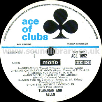 Flanagan And Allen UK Issue Mono LP Ace of Clubs ACL 1092 Label Image Side 1