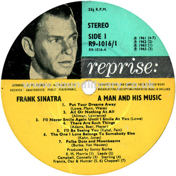 Frank Sinatra A Man And His Music UK Issue Stereo LP Reprise R 1016 Label Image