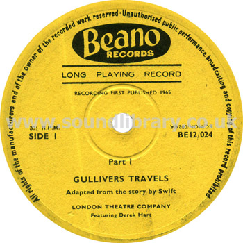 The London Theatre Orchestra Gullivers Travels UK Issue Story LP Beano BE12024 Label Image