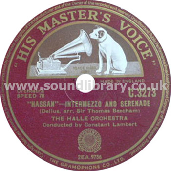 The Halle Orchestra Delius Hassan Intermezzo And Serenade UK Issue 12" 78rpm Label Image