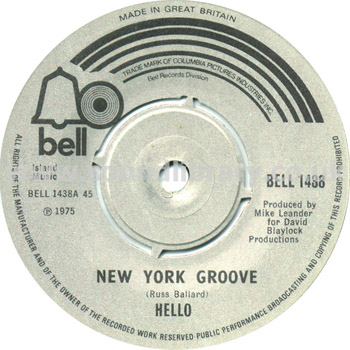 Hello New York Groove UK Issue Spindle Centre 7" Bell BELL 1438 Label Image Side 1