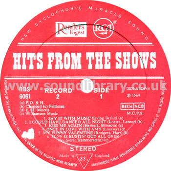 Hits From The Shows UK Issue Stereo LP Readers Digest RDS 6061 Label Image Side 1