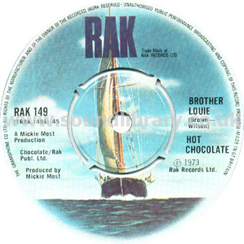Hot Chocolate Brother Louie UK Issue Spindle Centre 7" RAK RAK 149 Label Image Side 1