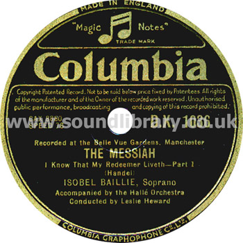 Isobel Baillie Leslie Heward Handel The Messiah UK Issue 12" 78rpm Columbia D.X. 1036 Label Image
