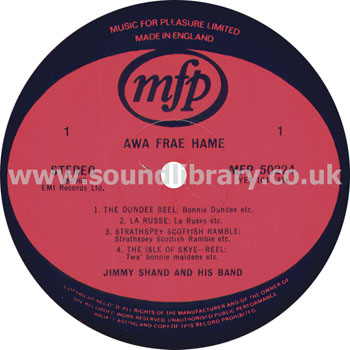 Jimmy Shand and His Band Awa Frae Hame UK Stereo LP Music For Pleasure MFP 50224 Label Image