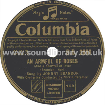 Johnny Brandon An Armful Of Roses (And A Heartful Of Love) UK Issue 78 RPM 78 - 10" Label Image