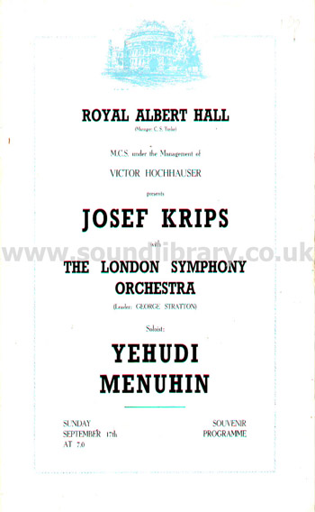 Josef Krips Yehudi Menuhin Souvenir Programme Royal Albert Hall Sunday September 7th Programme Image