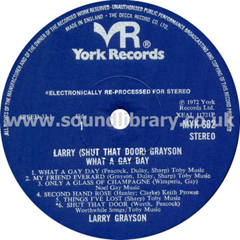 Larry Grayson What A Gay Day UK Stereo LP York Records MYK 602 Label Image