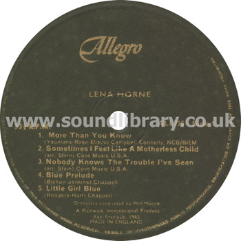 Lena Horne Lena Horne UK Issue LP Allegro ALL 755 Label Image