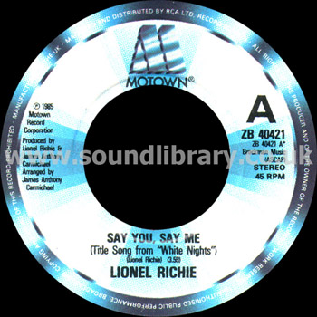 Lionel Richie Say You, Say Me UK Issue Stereo 7" Motown ZB40421 Label Image
