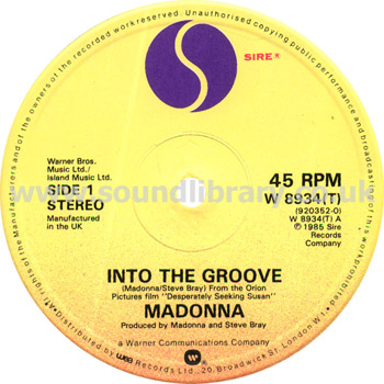 Madonna Into The Groove UK Issue Stereo 12" Sire W 8934 T Label Image Side 1